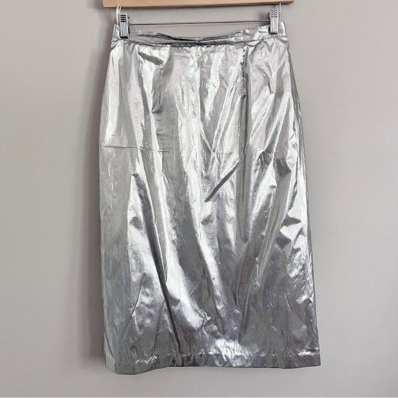 Vintage 70s Silver Metallic Tissue Lamé Lined Midi Party Skirt - M/28-29" - Picture 7 of 9